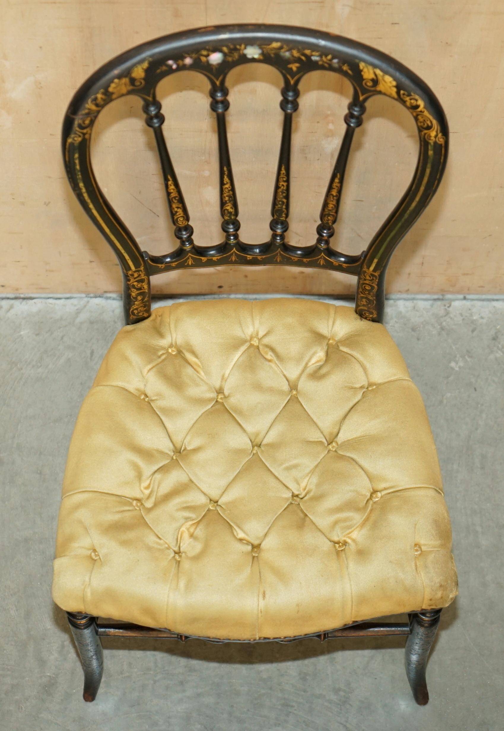 Regency Antique 1815 Occasional Chair in Ebonised Wood, Mother of Pearl, Silk and Chesterfield Upholstered Seat
