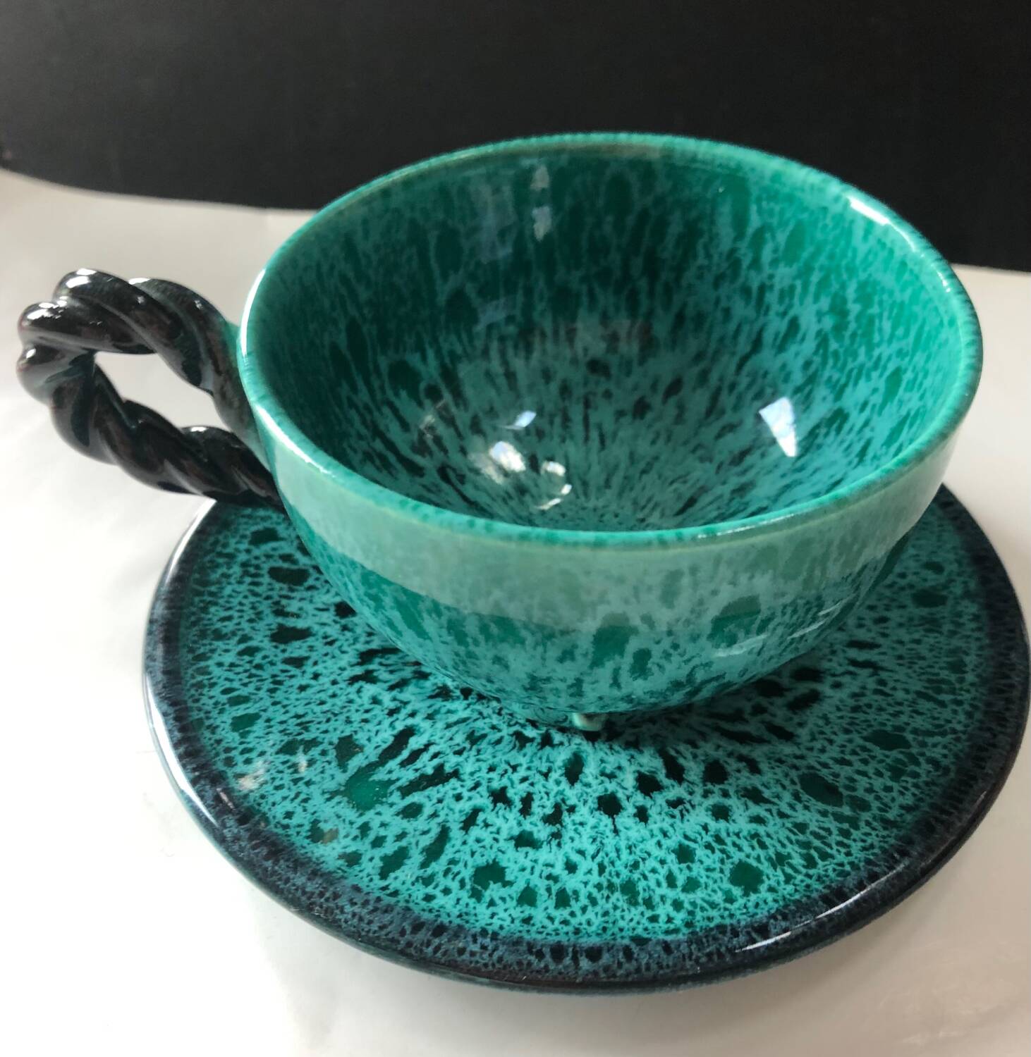 Turquoise Vallauris Braided Ceramic Cup and Saucer by Marius Giuge