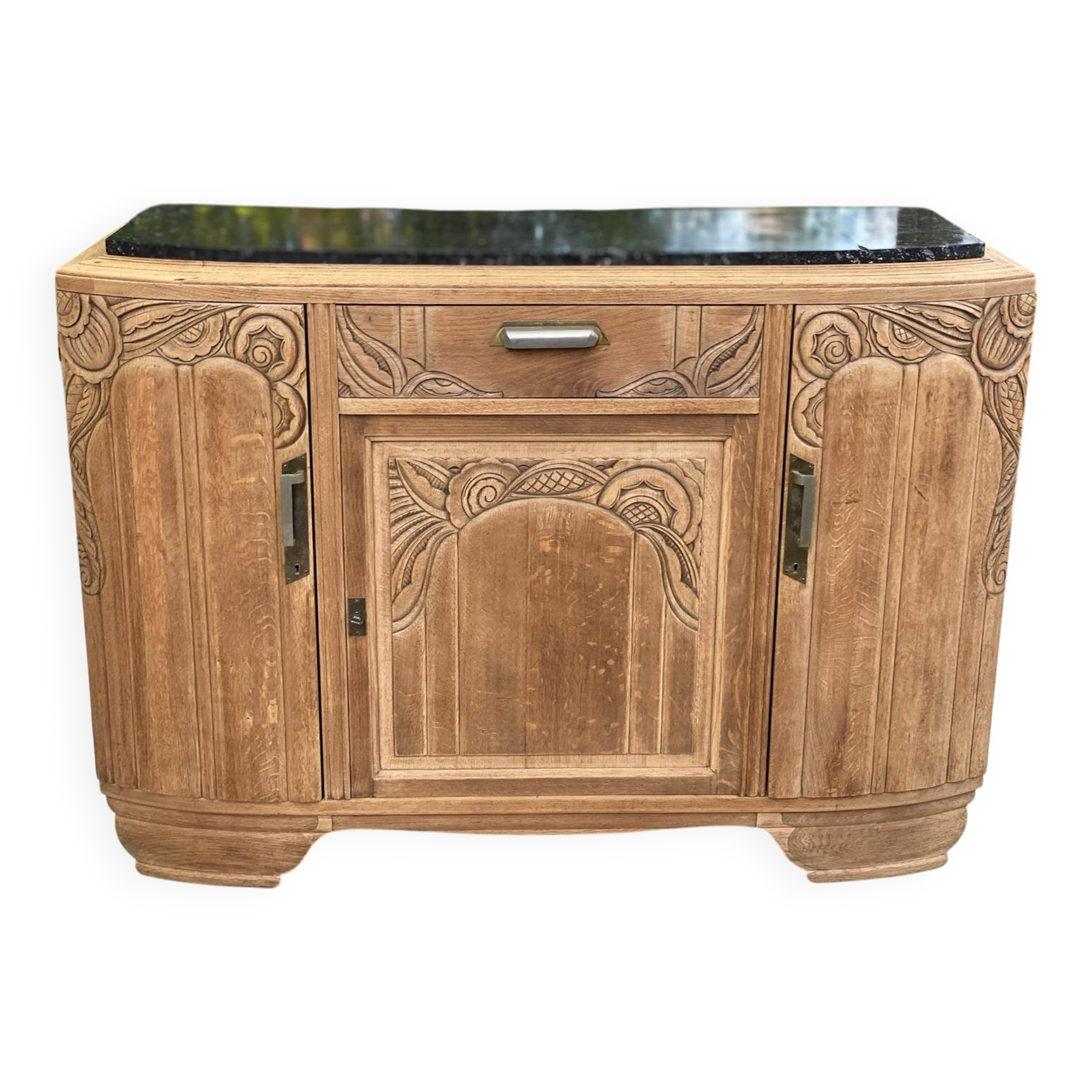 Renovated vintage Parisian art deco sideboard in solid oak and marble 1930