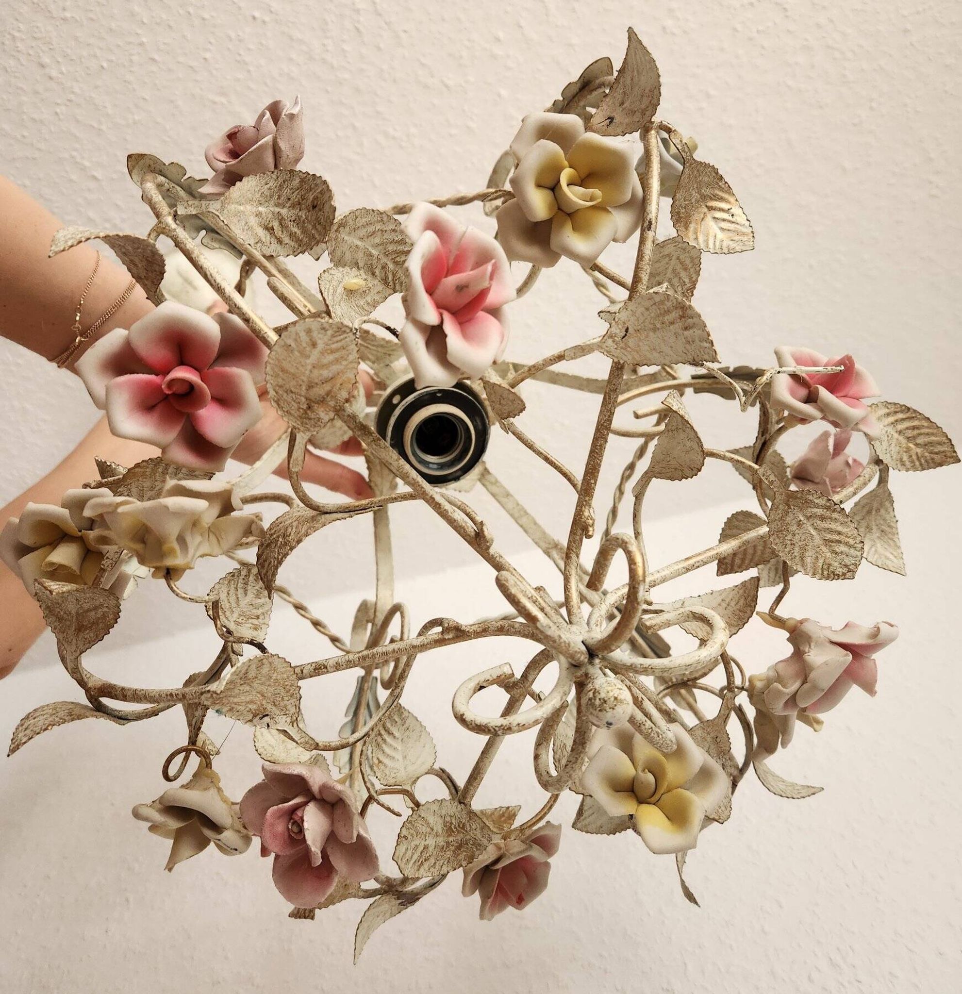 Hand-forged vintage pendant lamp with porcelain roses, Denz Neheim Hüsten