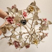 Hand-forged vintage pendant lamp with porcelain roses, Denz Neheim Hüsten