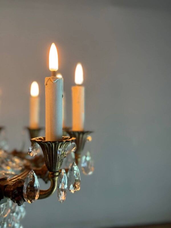 Lustre sac de perles et bronze de forme ovale, vers 1900