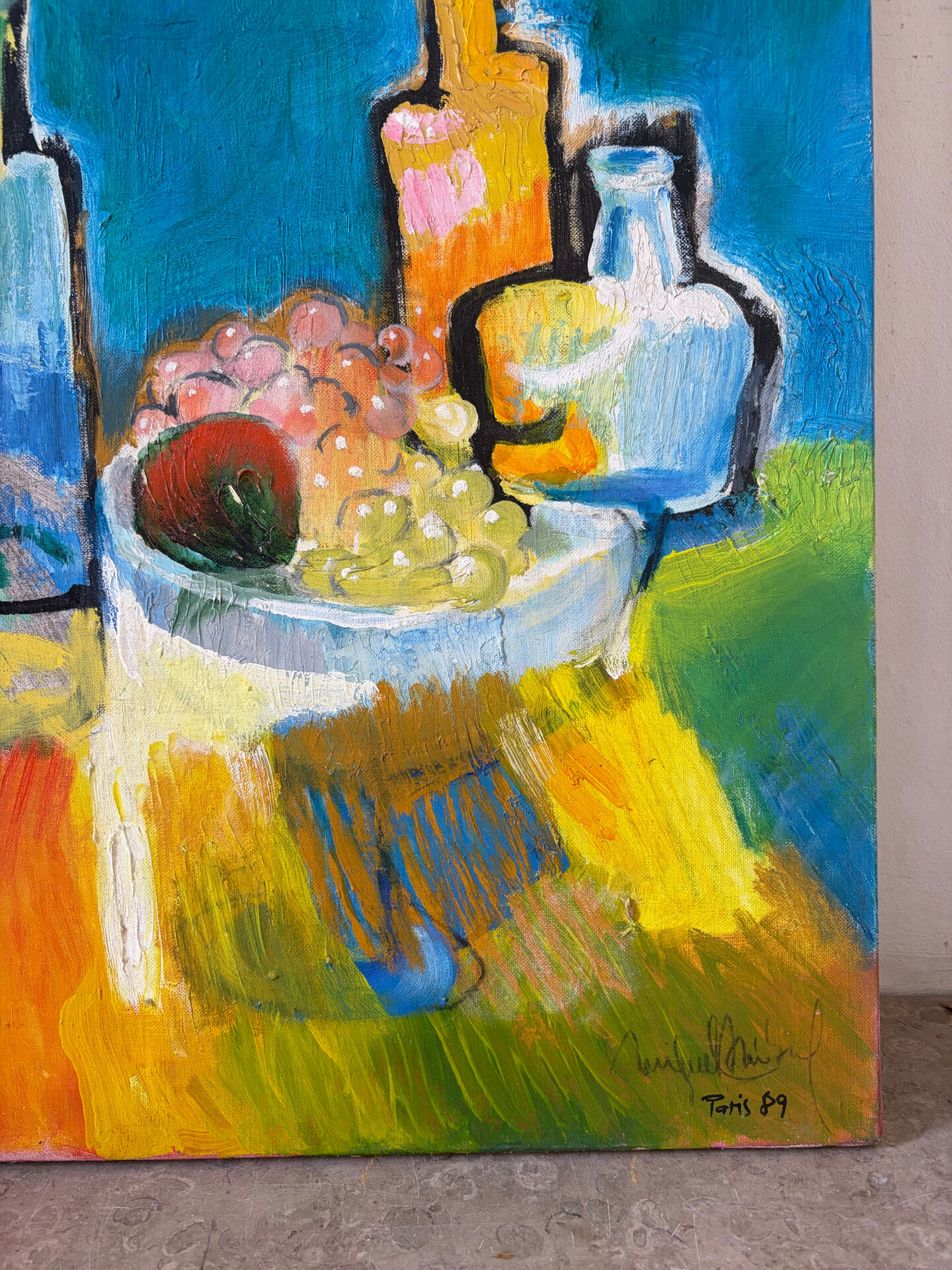 Still life with bottles, oil on canvas signed Miguel Anibal 1989