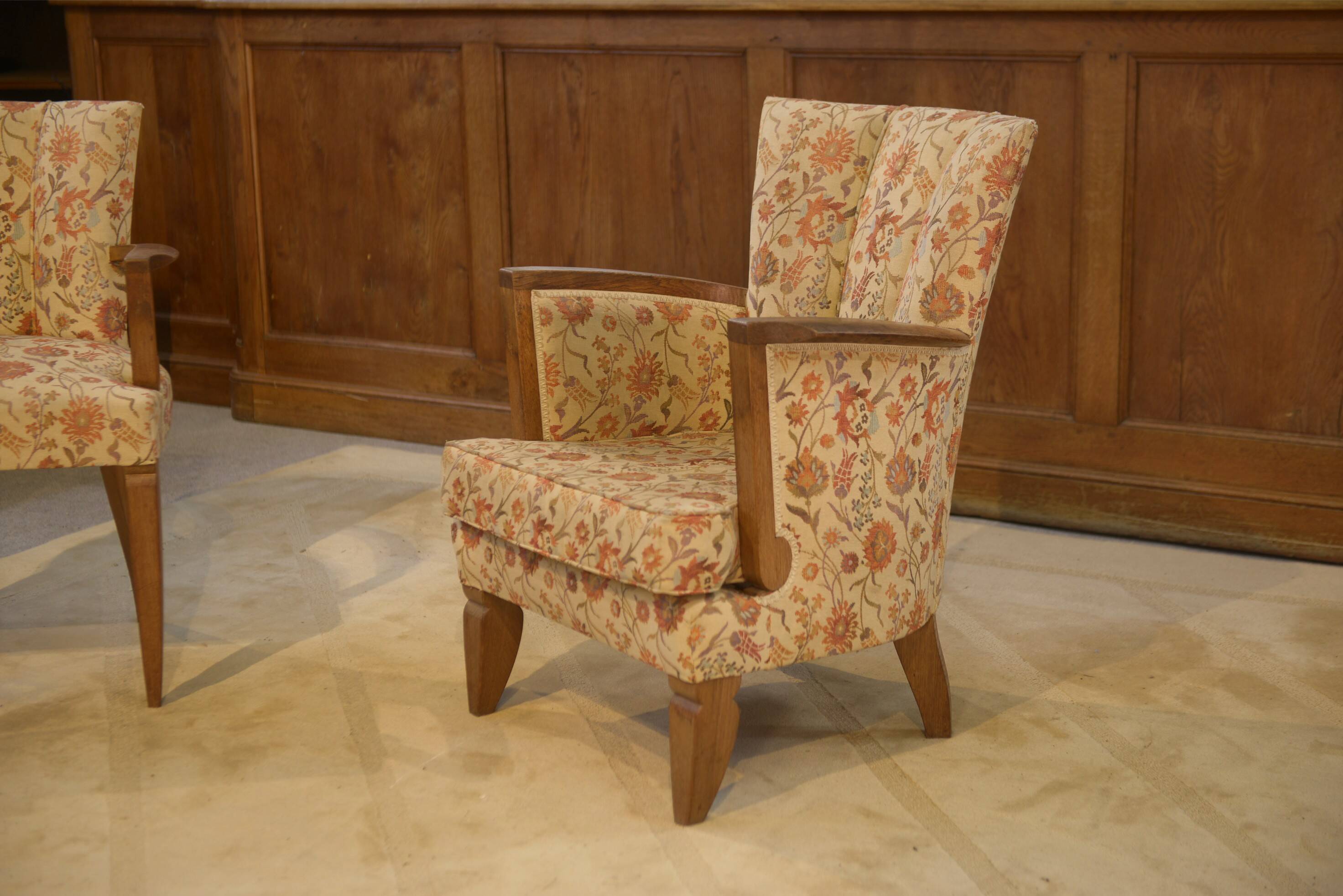 Set of 2 Bridge armchairs and one armchair attributed to Jules Leleu from the 1930s.