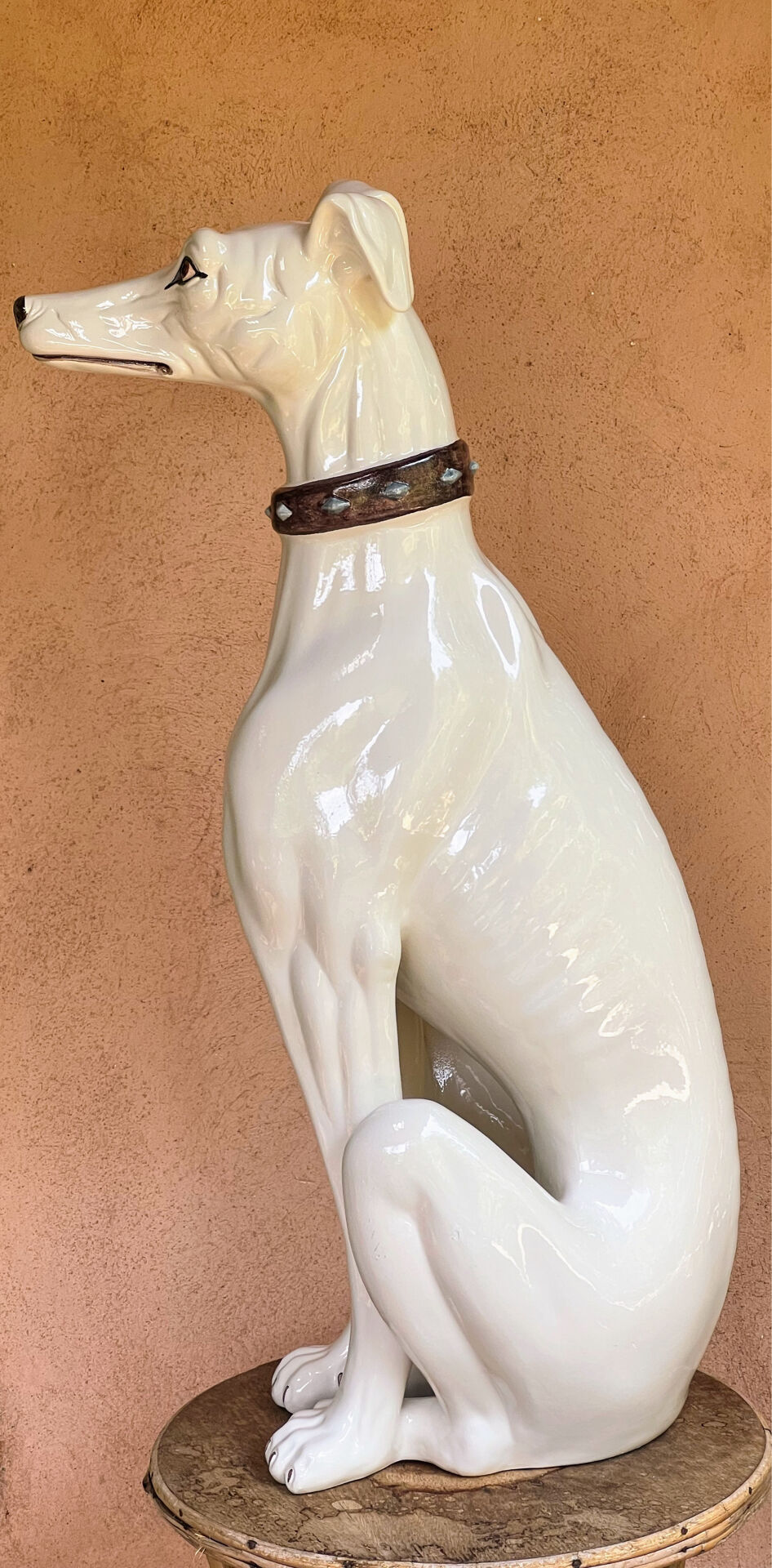 Large white glazed ceramic greyhound – signed – 92 cm
