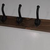 Vintage wooden coat rack with 5 double cast iron hooks