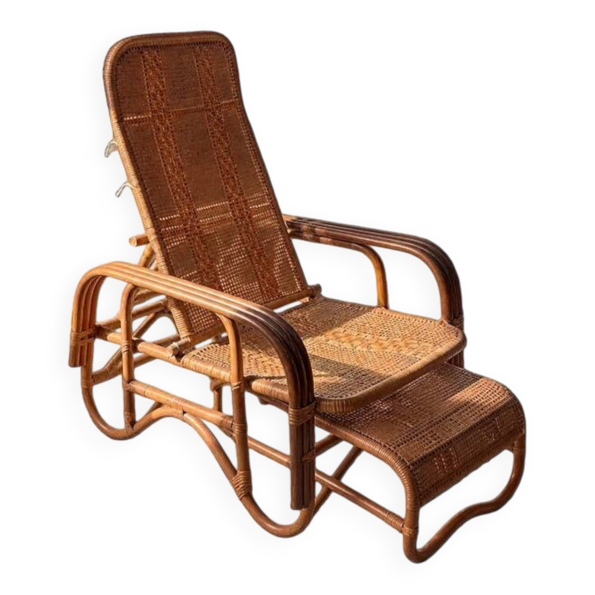 Mid-century adjustable rattan lounge chair with retractable footrest, Japan