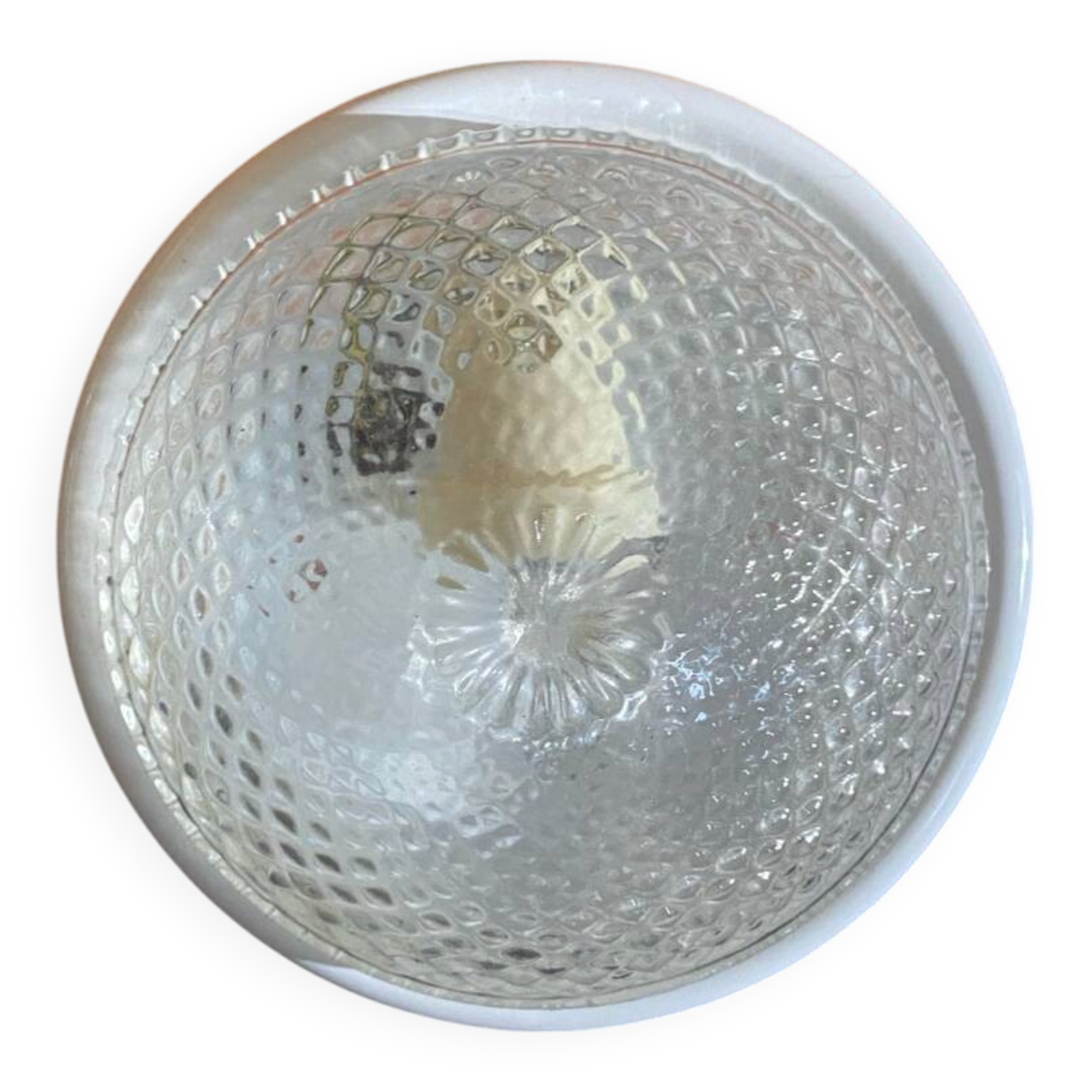 Vintage Round Ceiling Light Moulded Glass + White Metal Surround #D90