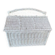 Vintage white wicker chest with double lid and decorative weaving.