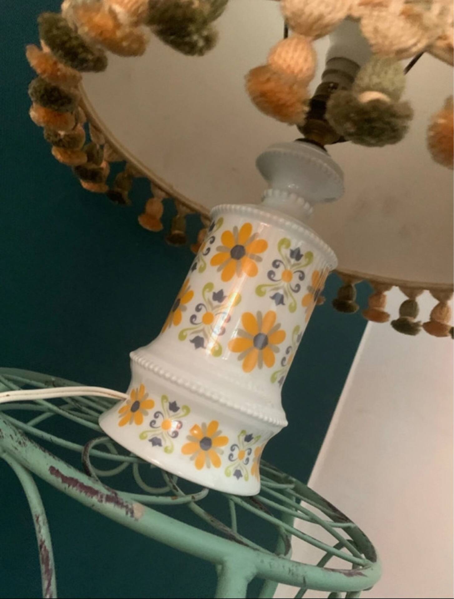 Vintage 1970 table lamp – Opaline base with floral print & shade f