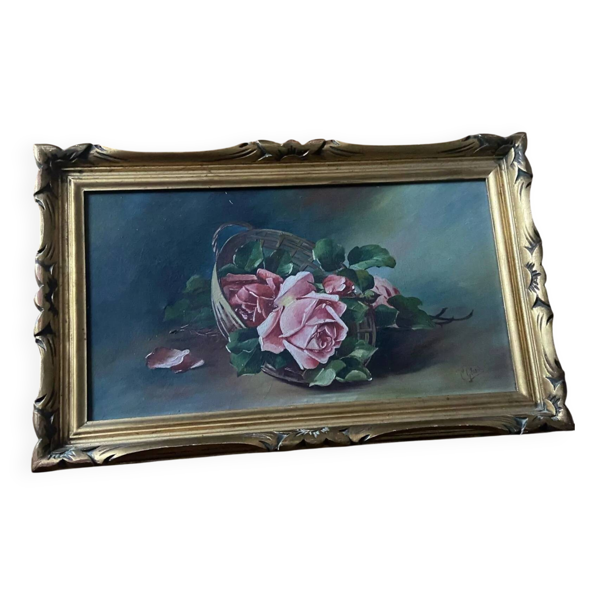 Antique painting - still life with roses - oil painting - 1940s