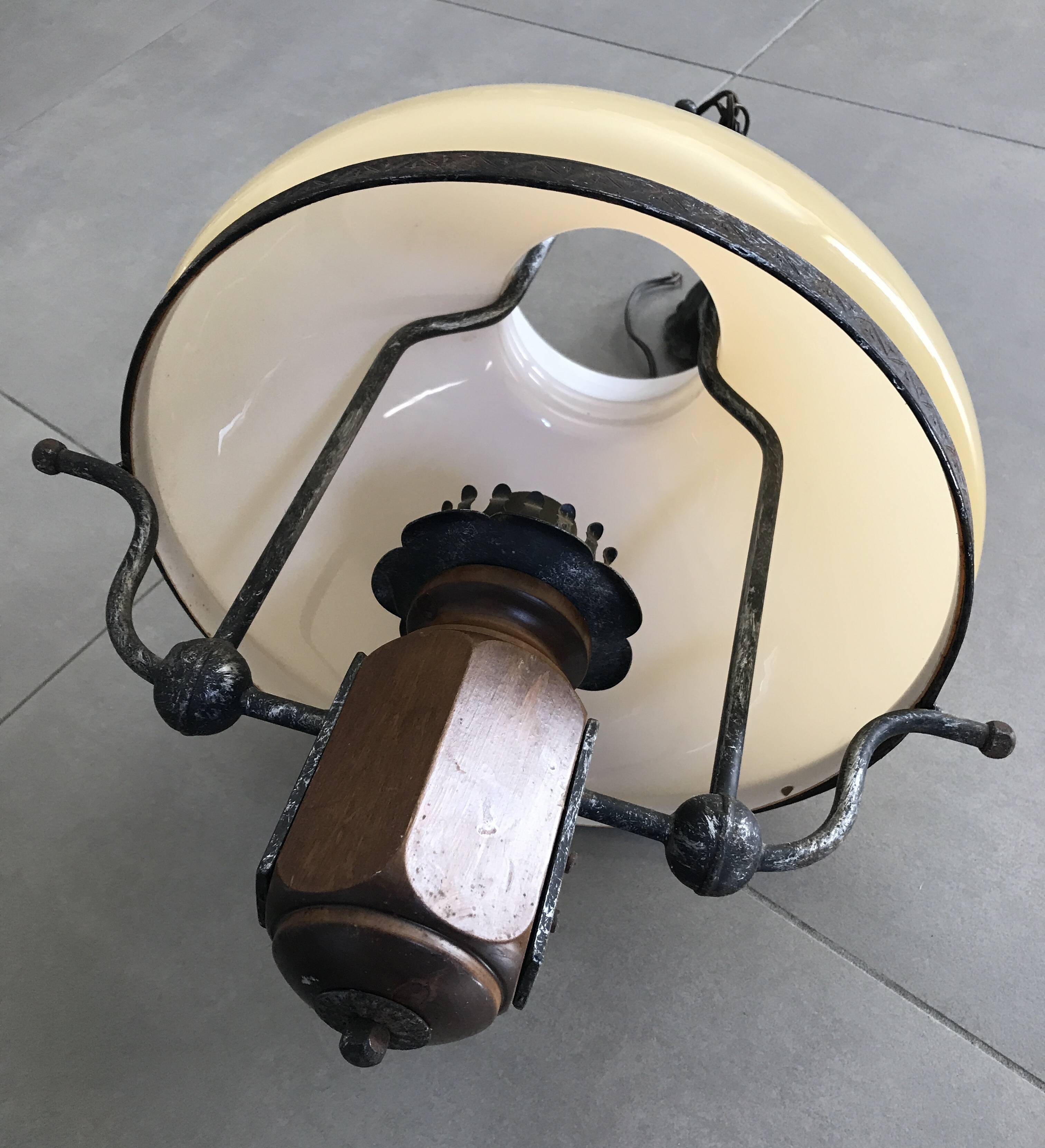 Suspension vintage wood and iron chandelier with yellow opaline lampshade