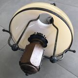 Suspension vintage wood and iron chandelier with yellow opaline lampshade