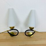 Pair of Arlus 50s opaline black and golden brass wall lamps