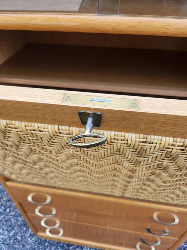 Secrétaire, bibliothèque vintage en rotin et chêne