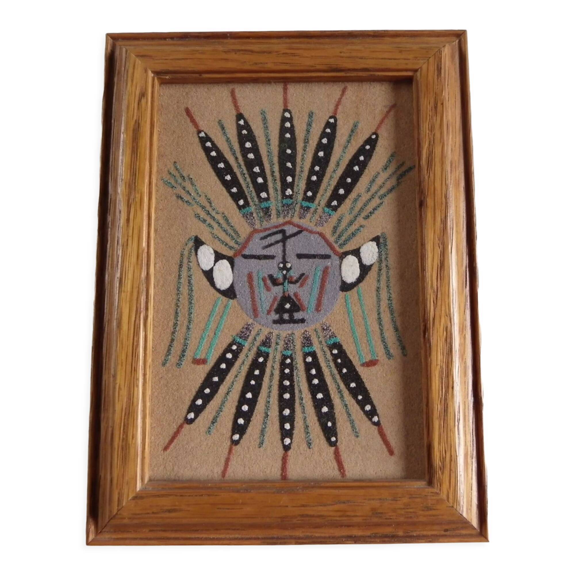 Peinture au sable Navajo vintage dans cadre bois