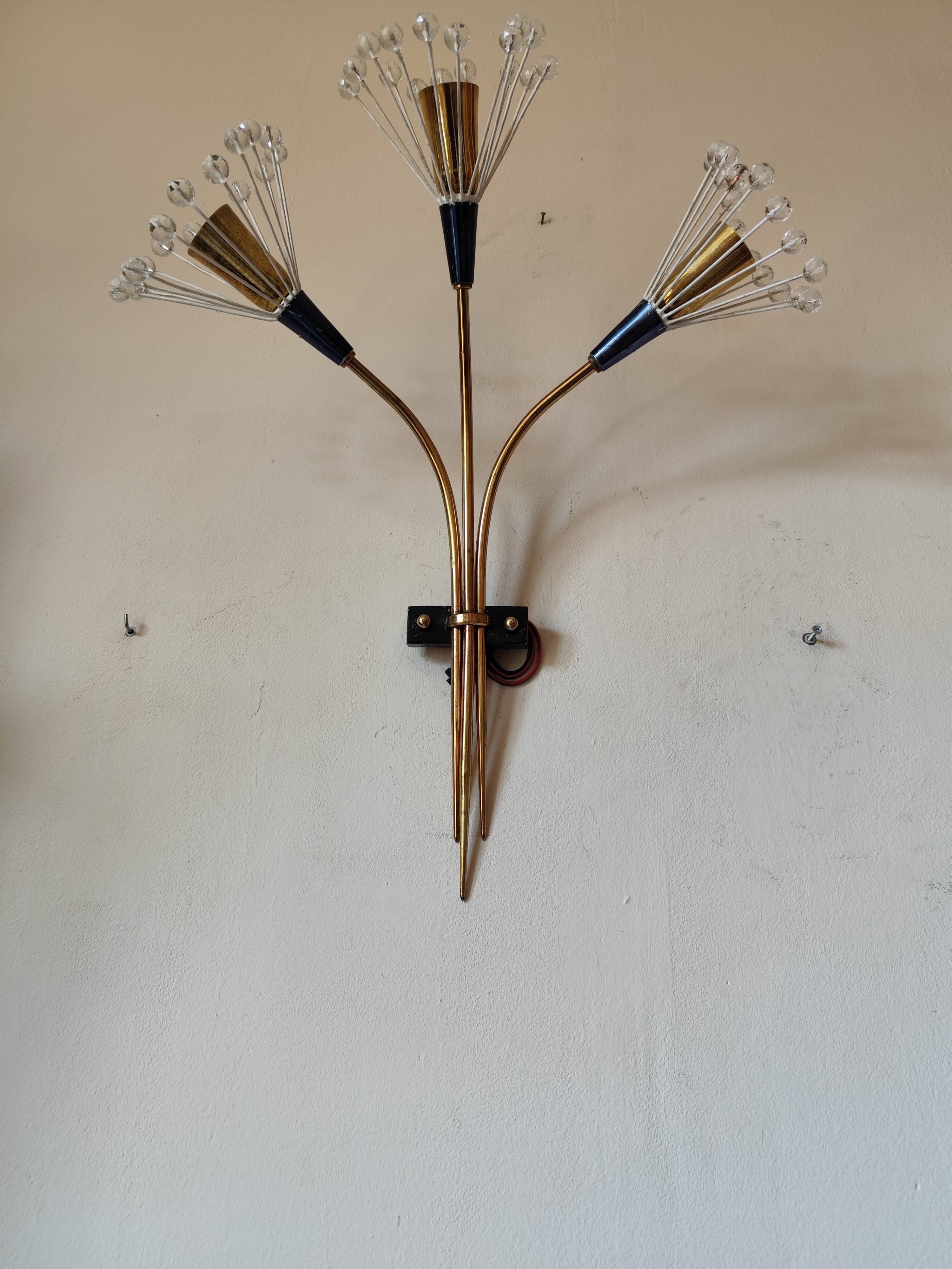 Wall lamp with 3 lights, brass and crystal balls, 1950s.