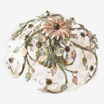 Italian painted Florentine Flush Mount Light with glass flowers by Banci Firenze