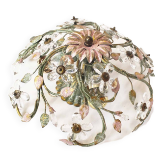 Italian painted Florentine Flush Mount Light with glass flowers by Banci Firenze