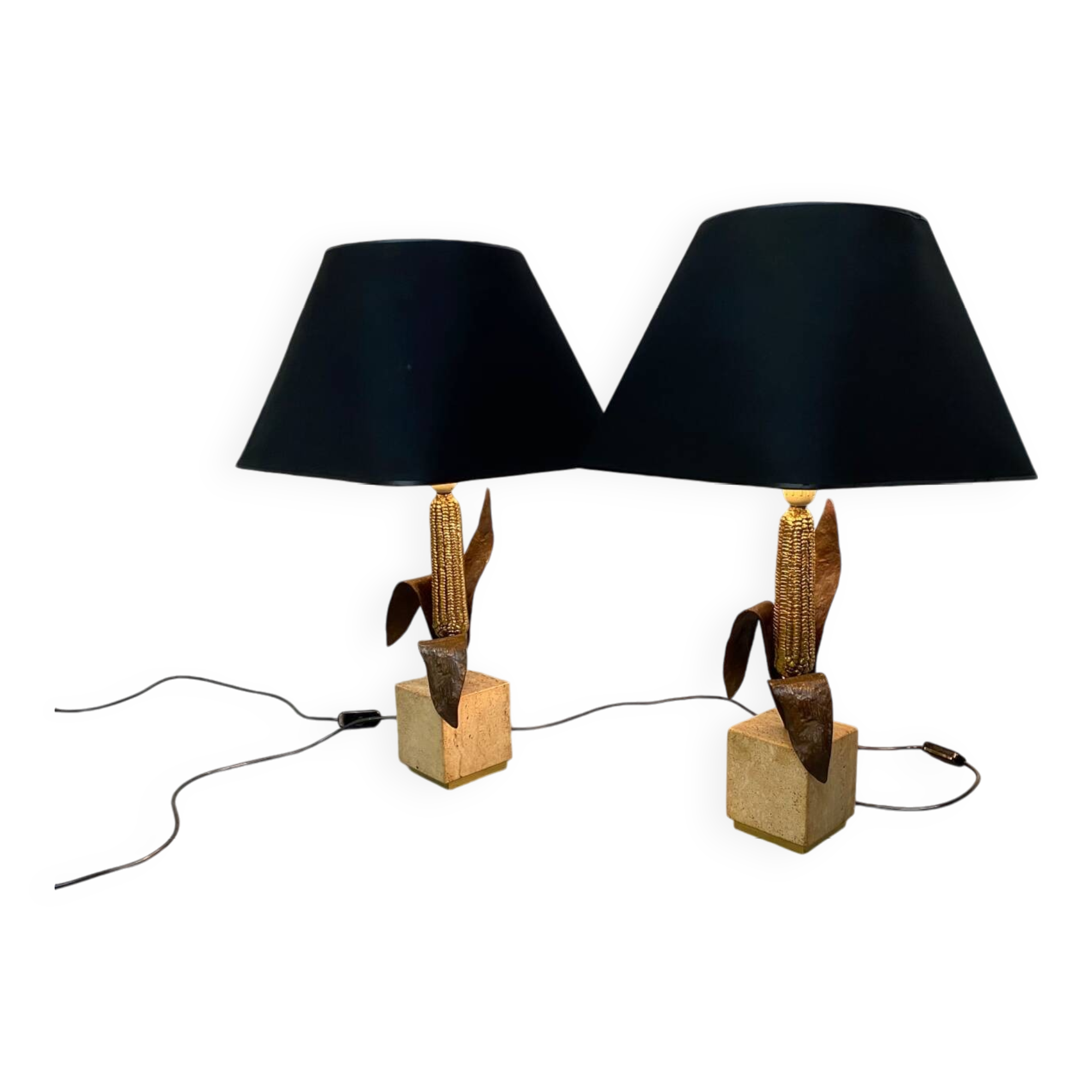 Vintage Bronze, Brass and Travertin Table Lamps in the manner of Maison Charles, 1970s, Set of 2