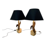 Vintage Bronze, Brass and Travertin Table Lamps in the manner of Maison Charles, 1970s, Set of 2