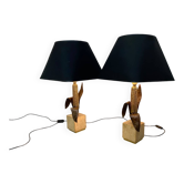 Lampes de table vintage en bronze, laiton et travertin à la manière de Maison Charles, années 1970, lot de 2