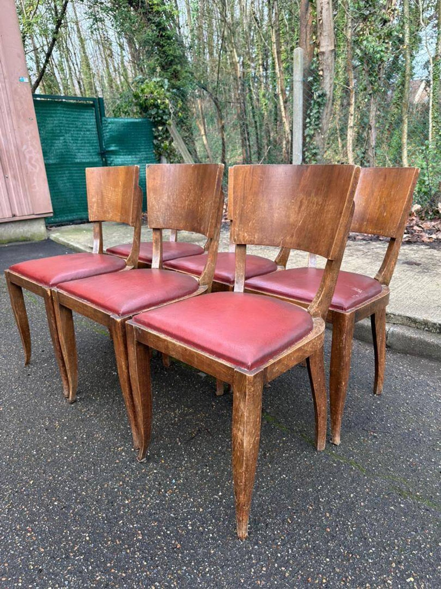 6 Art Deco gondola chairs in solid oak with burgundy leatherette, 1940.