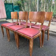6 Art Deco gondola chairs in solid oak with burgundy leatherette, 1940.