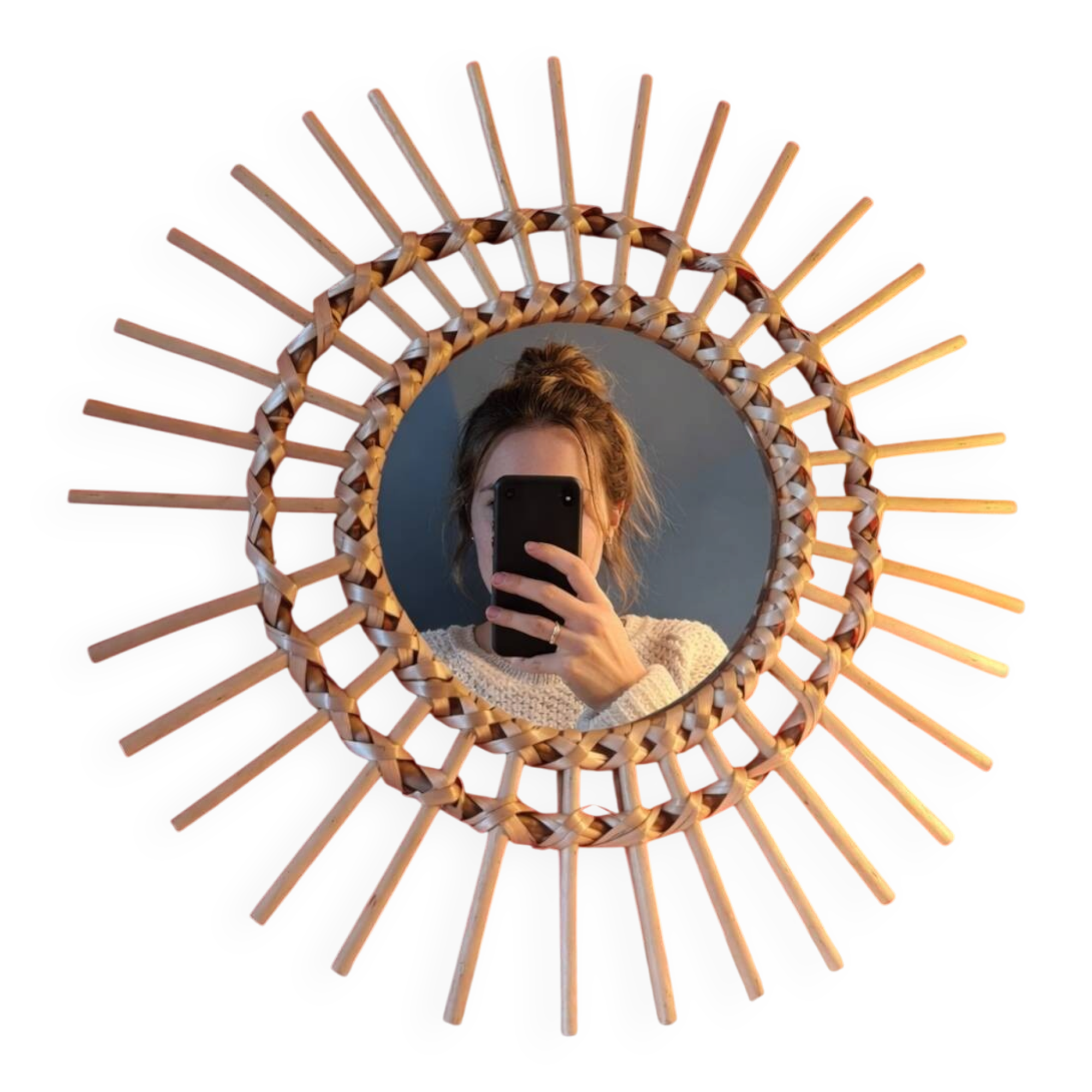 Vintage bohemian woven rattan sun mirror