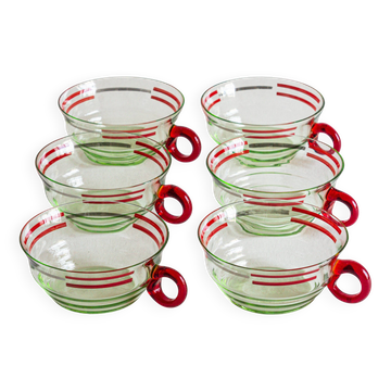 Set of six mouth-blown uranium glass cups, France, Mid-Century
