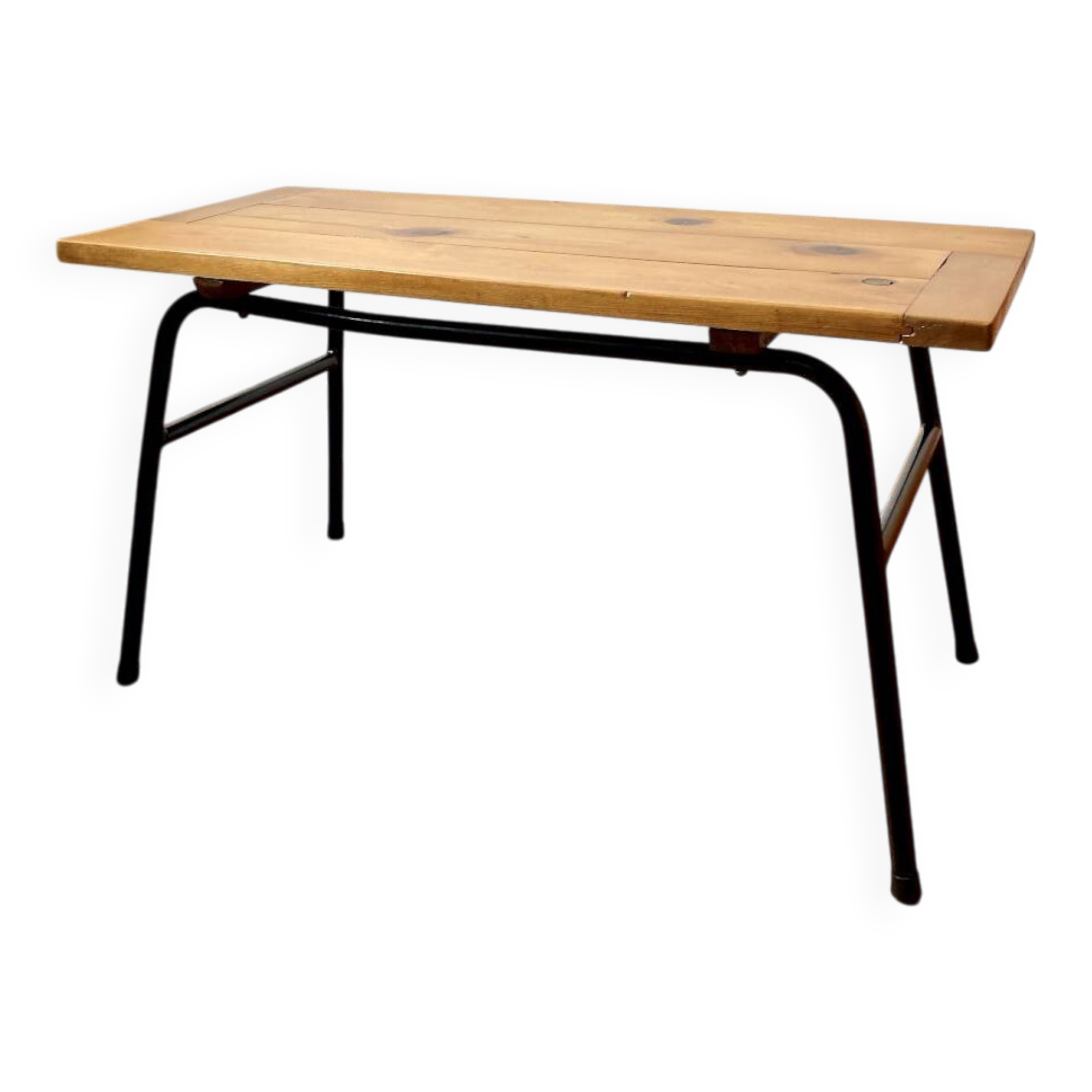 Coffee table with a pine top, tubular metal base, 1950s.