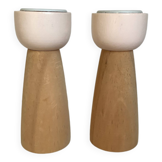 Pair of pink wood candlesticks