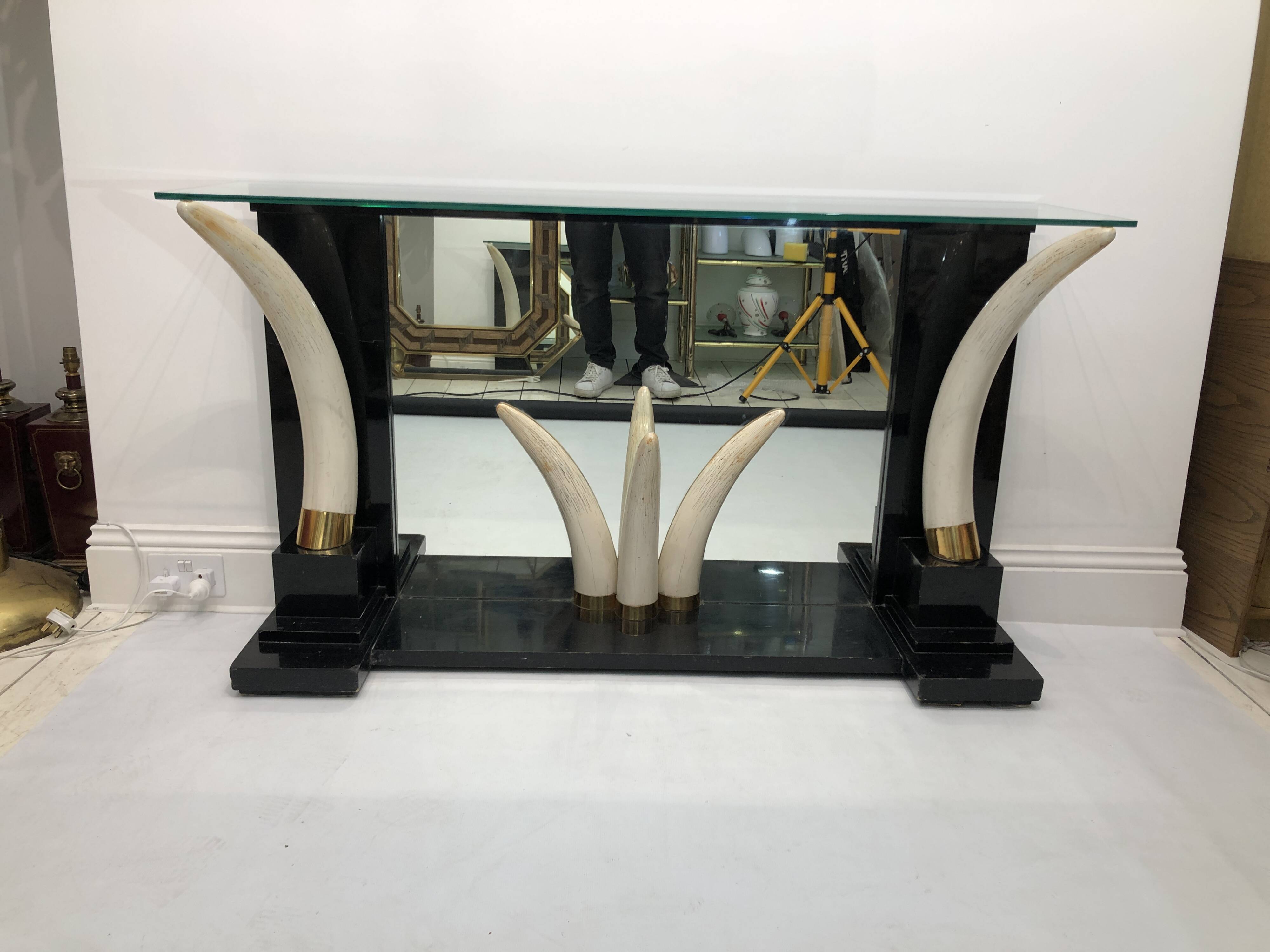 Versailles collection elephant faux tusk ebony console table mirror glass 1970s