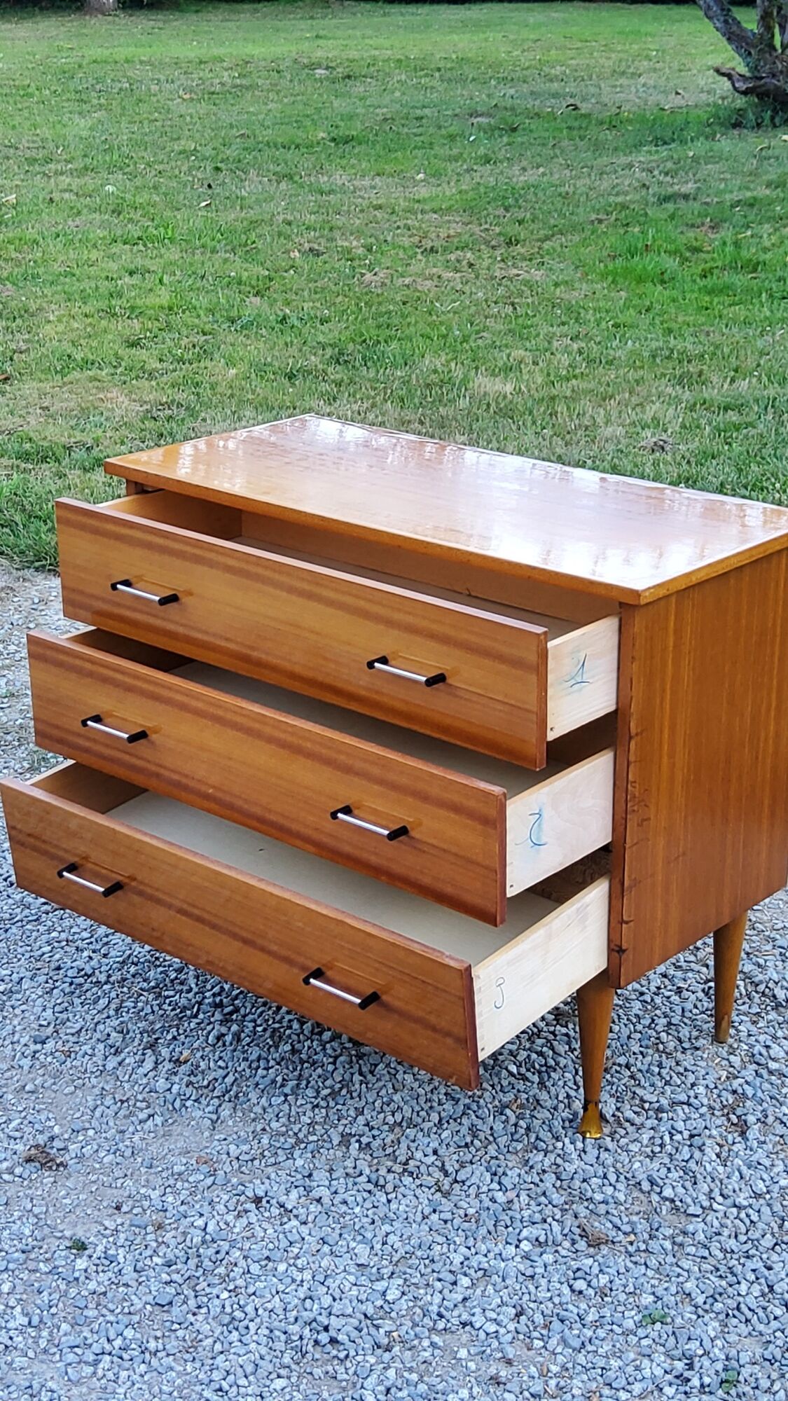 Vintage golden mahogany chest of drawers 3 drawers conical feet from the 60s