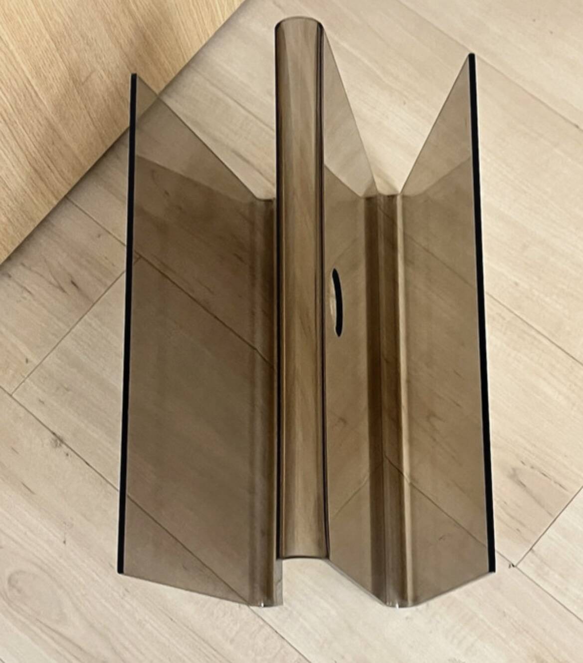 Smoked plexiglass magazine rack in the style of Michel Dumas, France, 1970s.