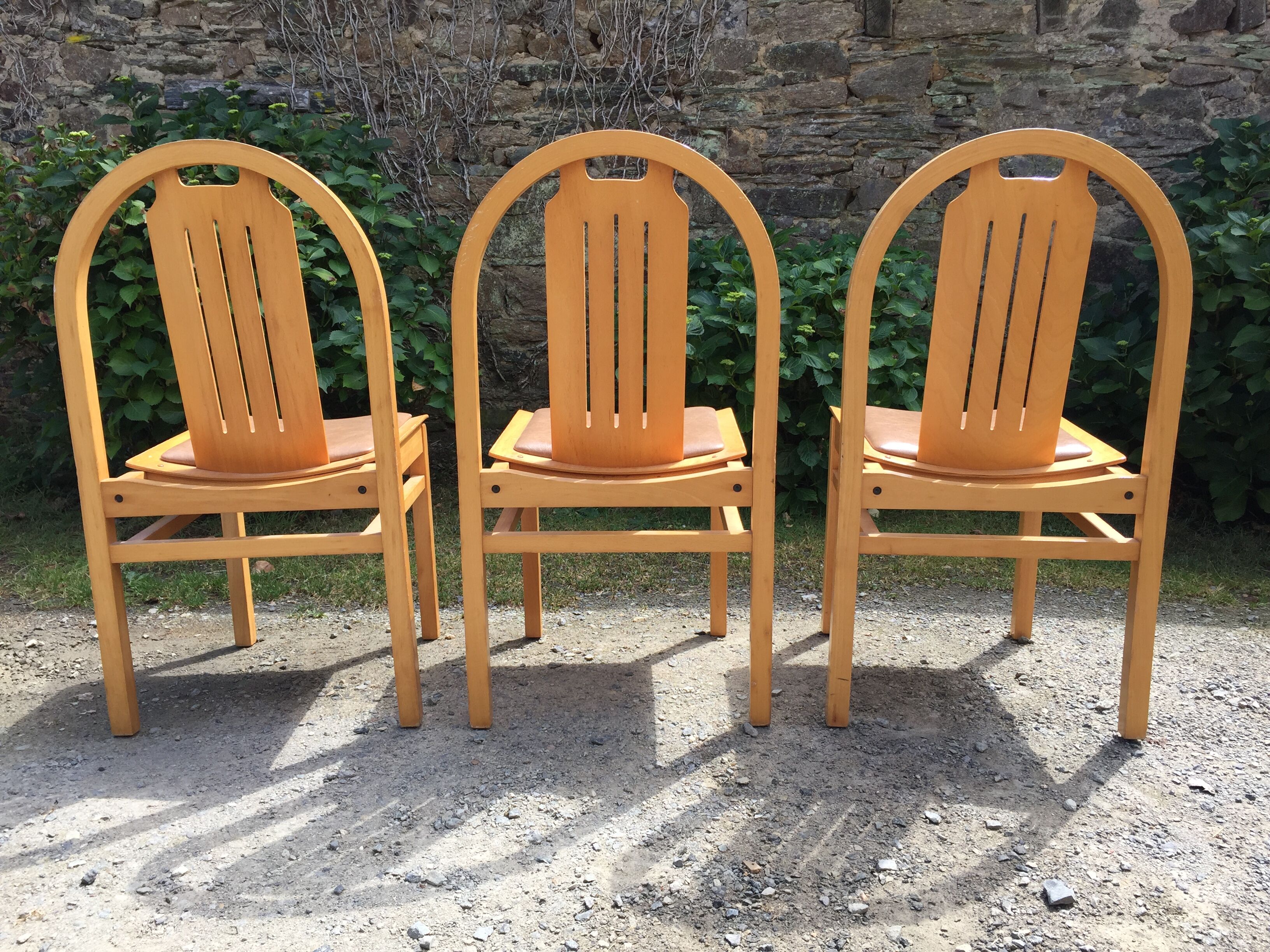 Vintage Baumann chairs in beech, seats in beige brown Skaï, series of 6.