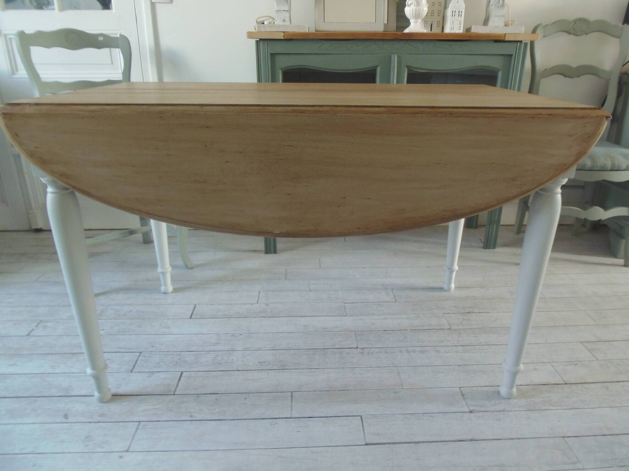 Flap table, pearl gray patinated base, medium oak waxed top.