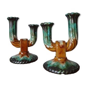 2 candlestick in longwy enamels - ceramics - jaspe model