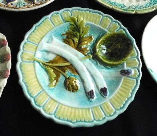 French antique asparagus plates in majolica