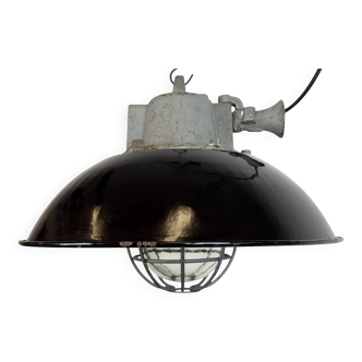 Black Enamel and Cast Iron Industrial Cage Pendant Light, 1960s