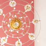 Large golden Italian chandelier with white opaline drops.