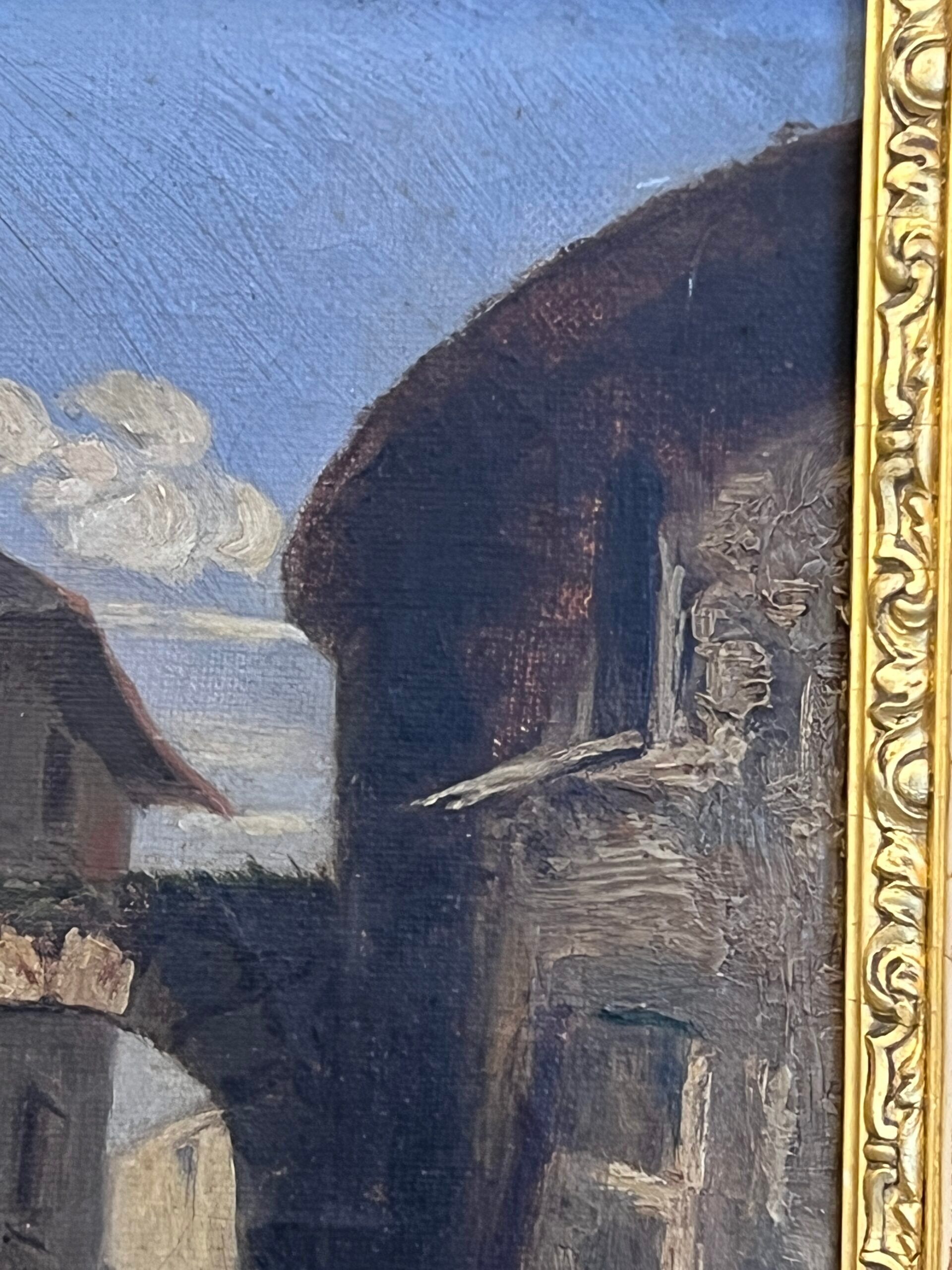 19th century painting, oil on canvas, interior decor of a lively village