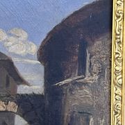 19th century painting, oil on canvas, interior decor of a lively village