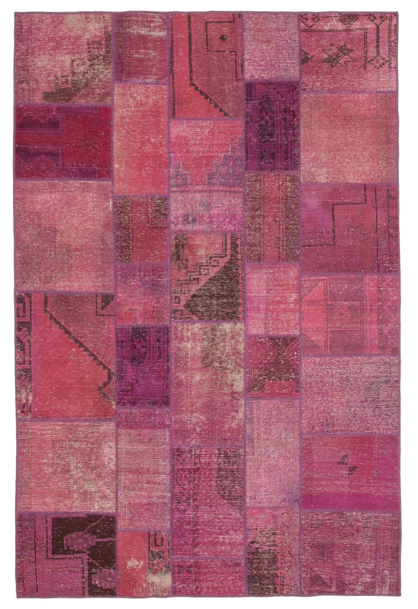 Handwoven oriental overdyed 196 cm x 299 cm pink patchwork carpet