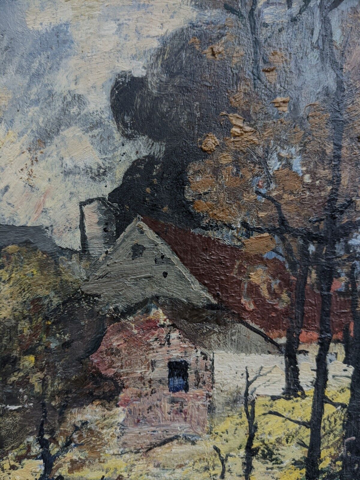 Mid-Century Modern "Cottage in the Forest" Swedish Vintage Expressionist Landscape Oil Painting, Fra