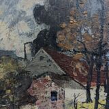 Mid-Century Modern "Cottage in the Forest" Swedish Vintage Expressionist Landscape Oil Painting, Fra