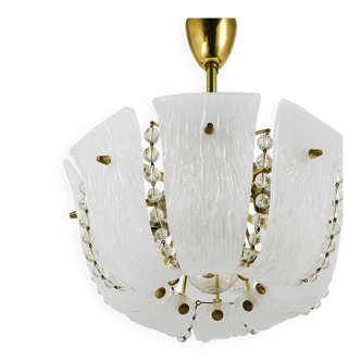 J.T. Kalmar Petite curved suspension basket, brass and glass, Austria, 1950s