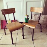 Duo of brown child school chairs