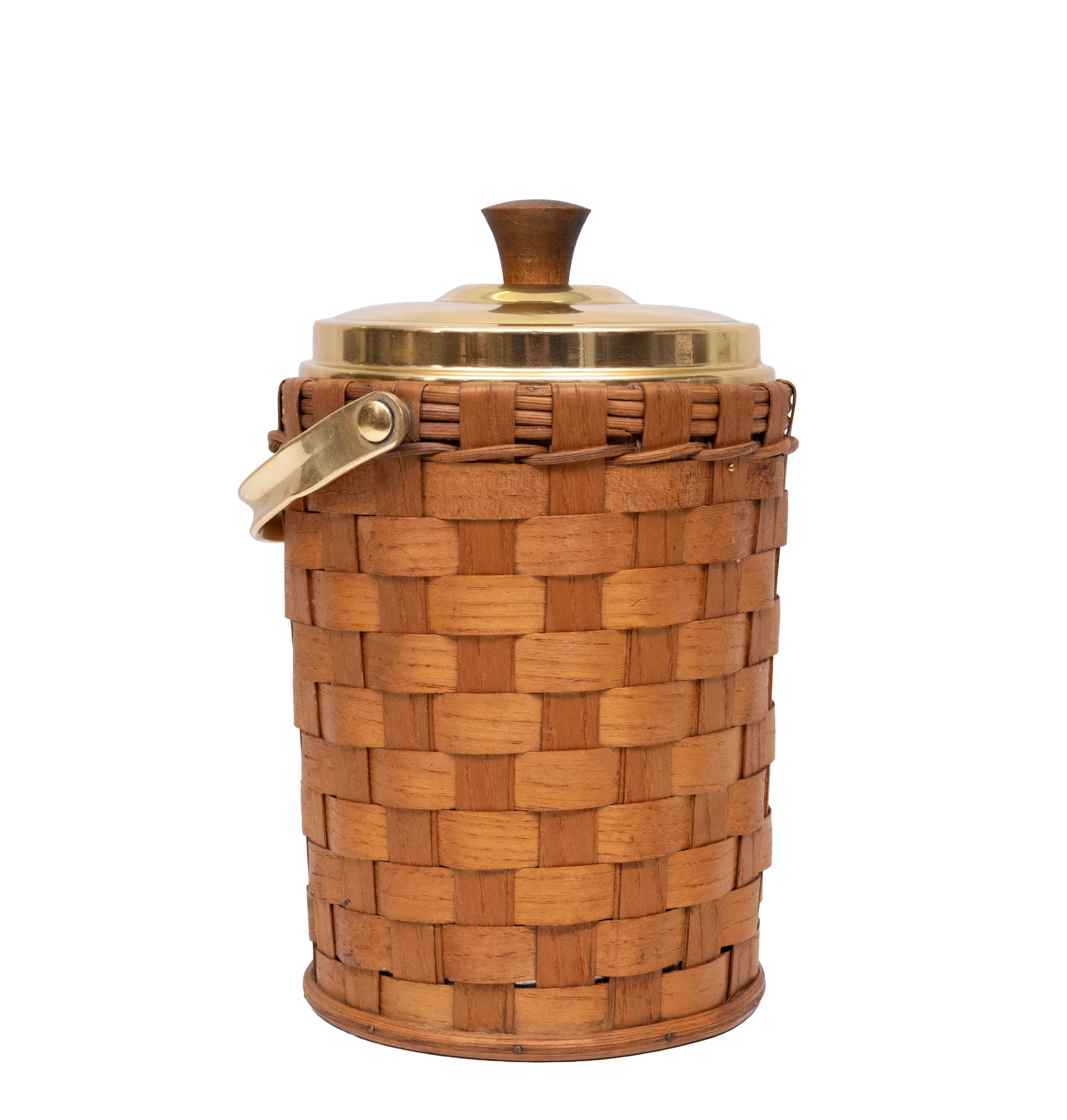 Wicker Ice bucket Brass lid and ice tongs 1960s