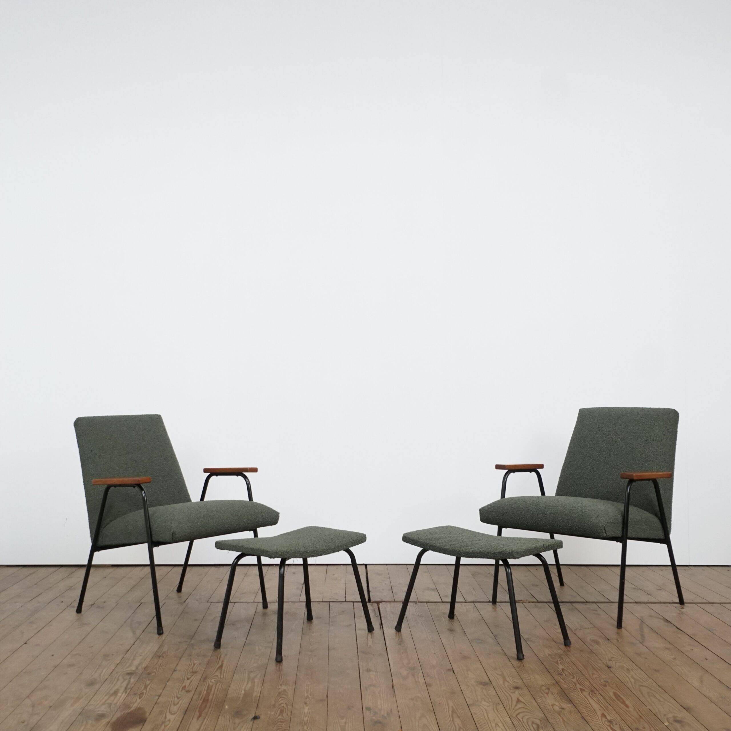 Two sets of lounge chairs with ottoman by Pierre Guariche for Meurop